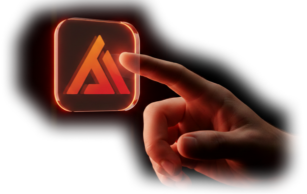 Close-up of a human finger pressing a glowing red geometric AI logo button on a dark glass interface.