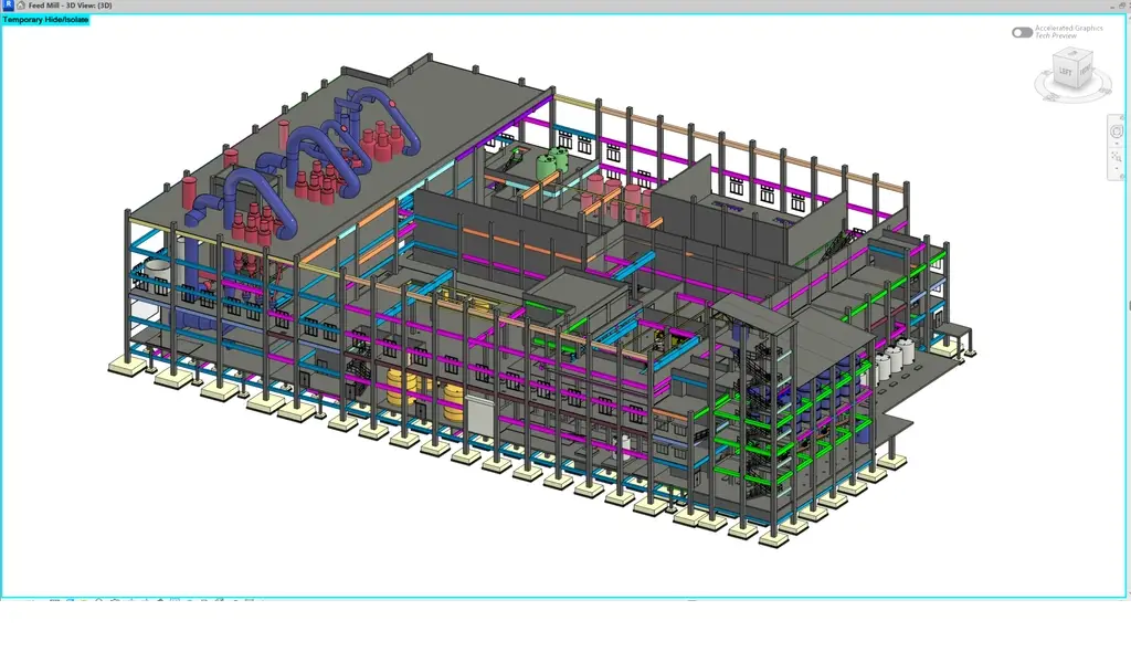 Isometric 3D view of an industrial feed mill showing internal steel structure, multi-level flooring, and complex MEP piping systems.