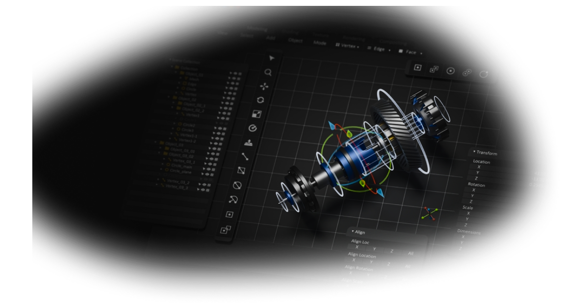 3D CAD mechanical design software interface displaying an exploded view of a gear and shaft assembly with 3D axes and transformation widgets on a dark grid grid workspace.