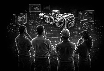 Engineering consulting firm team wearing hard hats while reviewing a holographic industrial machinery model during client revision support.