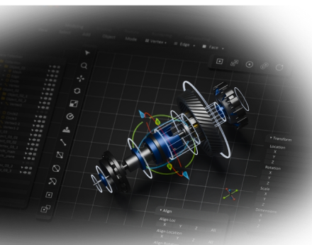 3D CAD mechanical design software interface displaying an exploded view of a gear and shaft assembly with 3D axes and transformation widgets on a dark grid grid workspace.