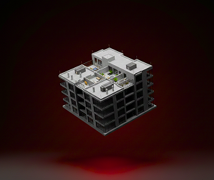 3D architectural rendering of a modern apartment building cutaway layout.