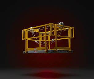 Yellow industrial crane-suspended work platform with safety railings and steel cable rigging floating over a dark red spotlight background.