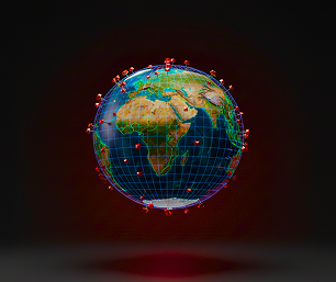 3D digital globe grid map with multiple red pin markers showing international shipping hubs and global logistics network paths on a dark background.