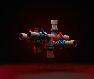 3D digital model of an industrial plumbing pipe manifold assembly showing interlocking PVC pipes and blue control valves over a dark red background.