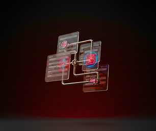 3D abstract software architecture diagram showing floating UI dashboard screens connected by metallic data pipeline circuits on a dark red background.