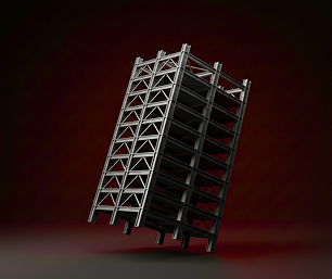 3D digital model of a multi-story building steel frame showing columns, beams, floor slabs, and cross-bracing on a dark red background.