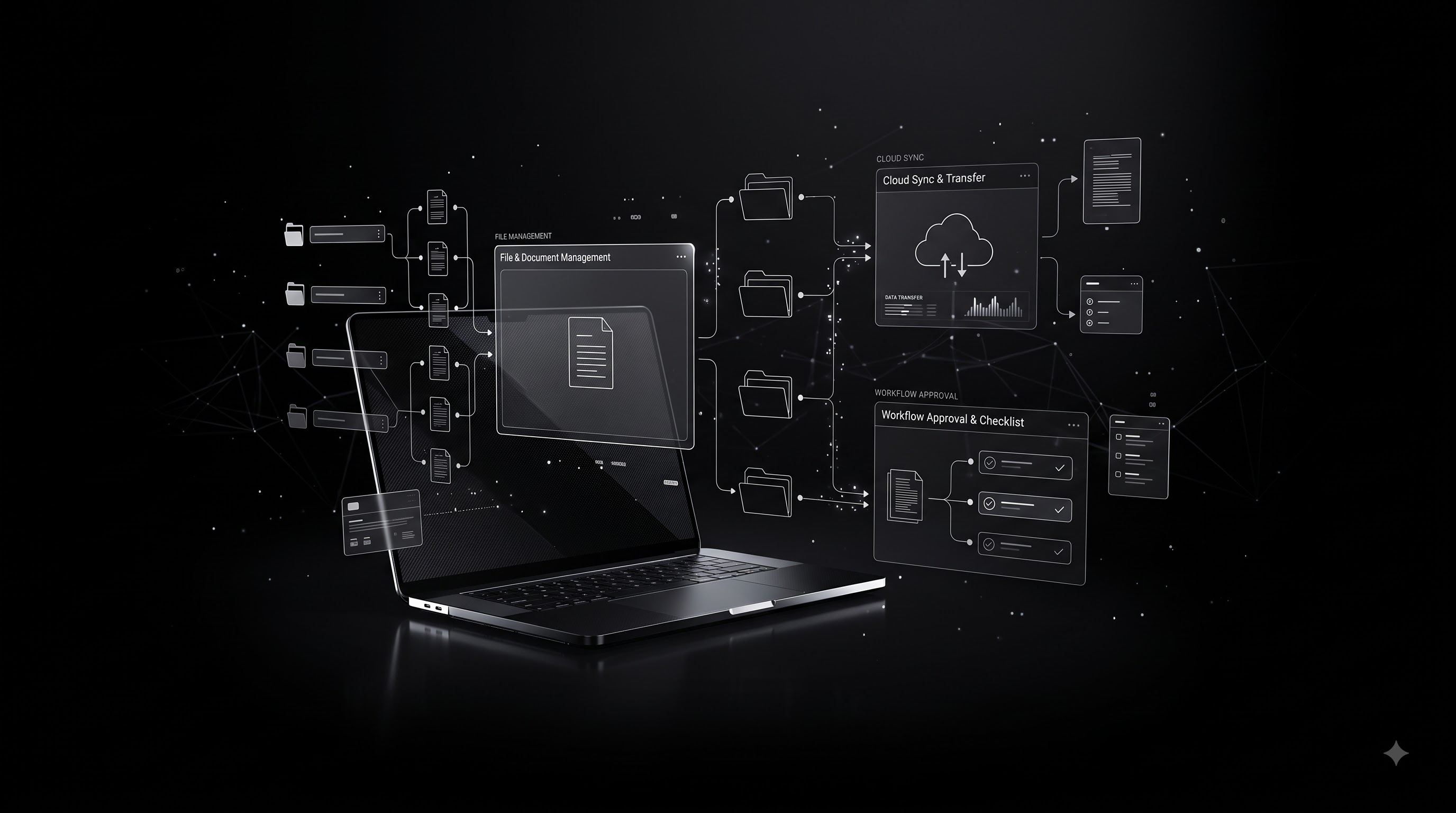 Digital document management workflow with cloud sync, file transfer and approval process