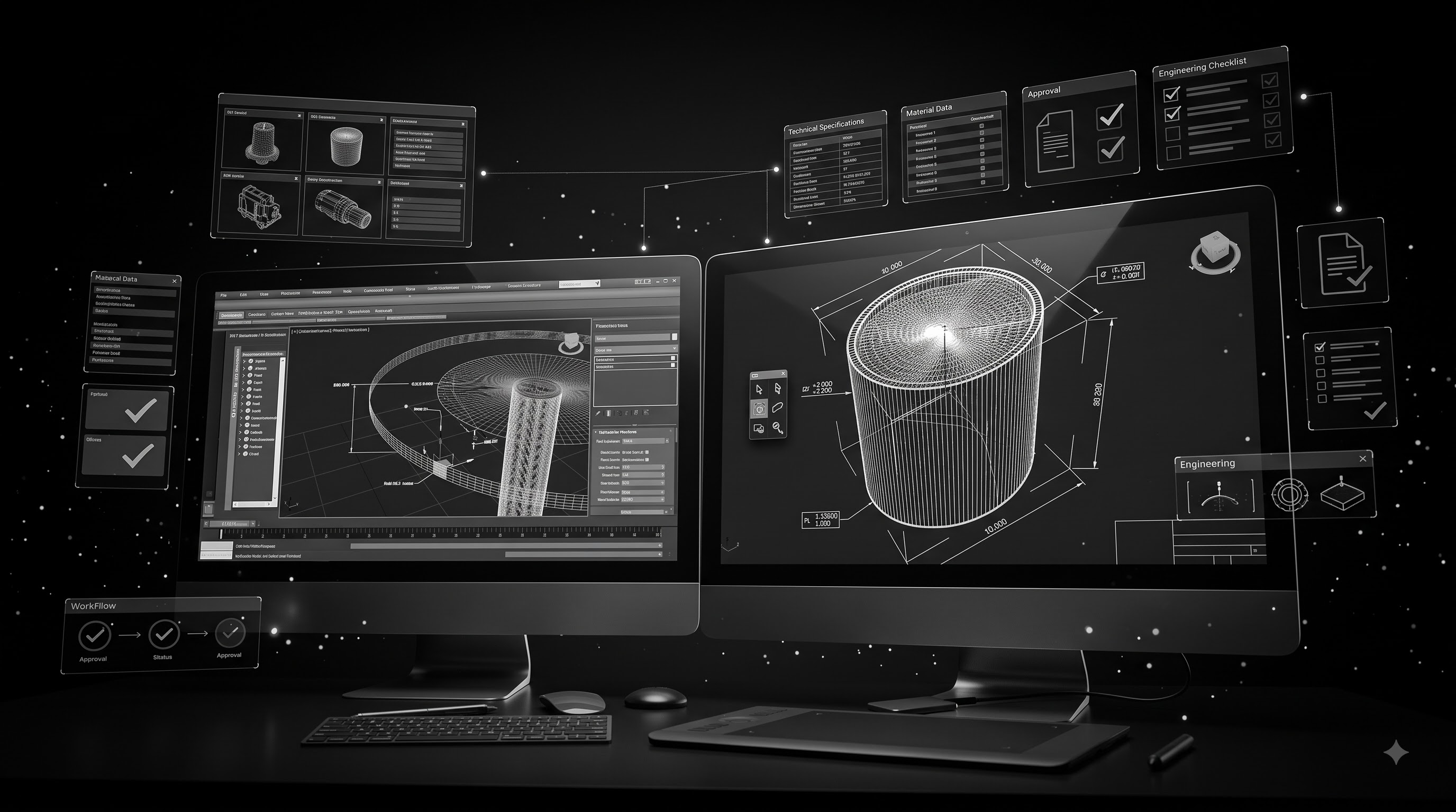 Engineering workstation displaying CAD models, technical specifications, material data and approval workflow