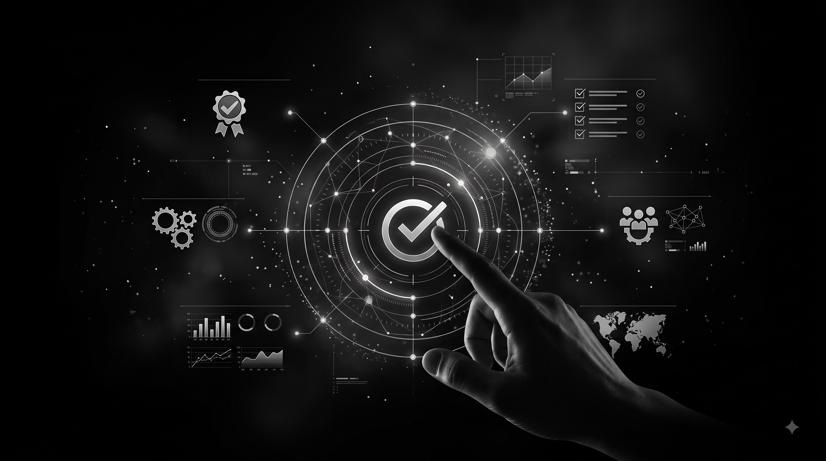 Digital quality management and process control interface with verification and analytics icons